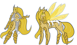 Size: 2726x1600 | Tagged: safe, artist:tartsarts, oc, oc only, oc:tibia, species:anthro, species:changeling, species:pony, anthro with ponies, changeling oc, changeling queen, changeling queen oc, commission, female, reference, solo, yellow changeling