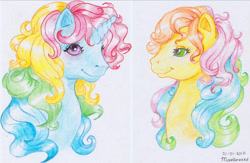 Size: 600x392 | Tagged: safe, artist:silvermoonbreeze, character:moonstone, g1, duo, moonstone, rainbow ponies, simple background, traditional art, trickles