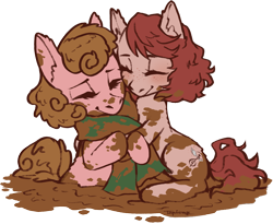 Size: 3009x2467 | Tagged: safe, artist:taytinabelle, oc, oc only, oc:harmony hugs, oc:mud puddle, species:earth pony, species:pony, brown hair, clothing, comfy, cute, cutie mark, female, hug, mare, mud, red hair, scarf, secret santa, smiling, wet and messy