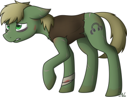 Size: 4000x3062 | Tagged: safe, artist:starlessnight22, oc, oc only, oc:murky, species:pony, fallout equestria, bandage, chest fluff, clothing, fallout equestria: murky number seven, fanfic art, floppy ears, gritted teeth, male, raised hoof, scar, scarred, shirt, signature, simple background, solo, stallion, transparent background