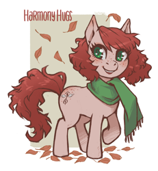 Size: 3026x3272 | Tagged: safe, artist:taytinabelle, derpibooru original, oc, oc only, oc:harmony hugs, species:earth pony, species:pony, autumn, autumn leaves, blushing, clothing, cute, female, freckles, green eyes, heart eyes, leaves, looking at you, mare, raised hoof, red hair, scarf, secret santa, simple background, solo, white background, wingding eyes