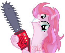Size: 1127x914 | Tagged: safe, artist:doroshll, base used, oc, species:pony, species:unicorn, fanfic:cupcakes, chainsaw, female, mare, simple background, solo, transparent background