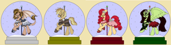 Size: 7472x1968 | Tagged: safe, artist:rosefang16, oc, oc only, oc:apple berry, oc:clockwork (ice1517), oc:flicker (ice1517), oc:white lilly, parent:applejack, parent:derpy hooves, parent:doctor whooves, parent:strawberry sunrise, parents:applerise, parents:doctorderpy, species:dracony, species:earth pony, species:pegasus, species:pony, icey-verse, bridle, chest fluff, clothing, commission, dress, ear fluff, ear piercing, earring, eyebrow piercing, eyes closed, eyeshadow, female, flower, flower in hair, fluffy, glasses, hybrid, jewelry, magical lesbian spawn, makeup, male, mare, next generation, nose piercing, offspring, piercing, pole, raised hoof, saddle, shoes, simple background, smiling, snow globe, stallion, tack, tan background, wall of tags, ych result
