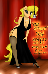 Size: 2500x3800 | Tagged: safe, artist:metalbladepegasus, species:anthro, breasts, cleavage, clothing, dress, evening dress, female, garter belt, high heels, jewelry, microphone, shoes, solo, stage, stockings, thigh highs, ych example, your character here