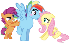 Size: 1158x689 | Tagged: safe, artist:dilemmas4u, character:fluttershy, character:rainbow dash, character:scootaloo, species:pegasus, species:pony, ship:flutterdash, female, flutterblitz, half r63 shipping, male, rainbow blitz, rule 63, scooteroll, shipper on deck, shipping, show accurate, straight