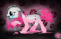 Size: 961x614 | Tagged: safe, artist:9cynthia, artist:islamilenaria, character:pinkamena diane pie, character:pinkie pie, species:earth pony, species:pony, abstract background, color loss, crying, female, sad, solo
