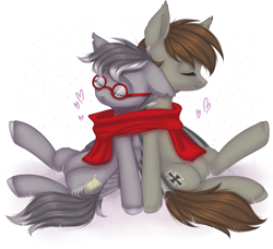 Size: 2445x2232 | Tagged: safe, artist:avrameow, oc, oc only, oc:zenfox, unnamed oc, species:earth pony, species:pegasus, species:pony, clothing, digital art, duo, eyes closed, glasses, high res, male, scarf, shared clothing, shared scarf, sitting, sleeping, stallion, ych result