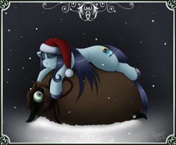 Size: 1218x1004 | Tagged: safe, artist:r perils, oc, oc only, oc:ipsywitch, ask ipsywitch, bag, christmas, clothing, eyeball, hat, santa hat, sleeping, snow, snowfall, tentacles