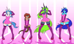 Size: 5000x3000 | Tagged: safe, artist:funkybacon, non-mlp oc, oc, oc only, oc:aby, oc:becky, oc:tess, species:anthro, species:unguligrade anthro, absurd resolution, armpits, clothing, dance party, dress, furry, me!me!me!, one eye closed, smiling, wink