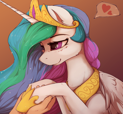 Size: 1280x1195 | Tagged: safe, artist:blackkaries, character:princess celestia, species:alicorn, species:human, species:pony, cute, cutelestia, female, gradient background, hand, heart, holding hooves, hoof shoes, human on pony hoof holding, mare, offscreen character, peytral, pictogram