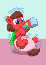 Size: 883x1248 | Tagged: safe, artist:artiecanvas, oc, oc only, oc:mglitch, species:pony, age regression, baby, baby bottle, baby pony, diaper, foal, fountain of youth, poofy diaper, solo