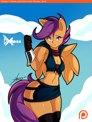 Size: 1200x1600 | Tagged: safe, artist:d-xross, character:scootaloo, species:anthro, species:pegasus, species:pony, abs, belly button, bracelet, clothing, cloud, female, gloves, jewelry, large butt, mare, midriff, miniskirt, muscles, older, patreon, patreon logo, scootabutt, short shirt, skirt, skirtaloo, socks, solo, strongaloo, tail, thigh highs, thighs, wide hips, wings, zettai ryouiki, zipper