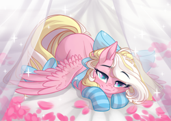 Size: 3465x2454 | Tagged: safe, artist:sharly, artist:shore2020, artist:sparkling_light, oc, oc only, oc:bay breeze, species:pegasus, species:pony, bed, bedroom eyes, blushing, bow, clothing, cute, female, hair bow, looking at you, mare, petals, socks, solo, spread wings, striped socks, tail bow, wings, ych result