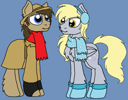 Size: 1176x924 | Tagged: safe, artist:rosefang16, character:derpy hooves, character:doctor whooves, character:time turner, species:earth pony, species:pegasus, species:pony, ship:doctorderpy, blue background, boots, chest fluff, clothing, coat, commission, earmuffs, female, gloves, hat, jacket, male, mare, shipping, shoes, simple background, stallion, straight, winter, winter outfit