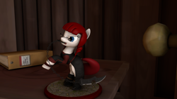 Size: 1920x1080 | Tagged: safe, artist:dracagon, oc, oc:seranae, species:earth pony, species:pony, 3d, figurine, glasses, mouth hold, solo, weapon