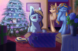 Size: 1995x1305 | Tagged: safe, artist:klarapl, oc, oc only, species:pegasus, species:pony, species:unicorn, box, chest fluff, christmas, christmas tree, empty, eyes closed, female, filly, floppy ears, freckles, giggling, hiding, holiday, male, mare, open mouth, sad, sitting, stallion, tree