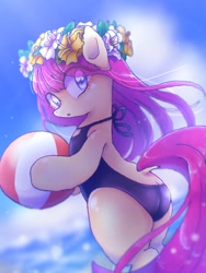 Size: 768x1024 | Tagged: safe, artist:xp_r6, oc, oc only, species:earth pony, species:pony, ball, beach, bipedal, butt crack, clothing, cloud, female, flower, flower in hair, mare, one-piece swimsuit, open-back swimsuit, solo, swimsuit, water