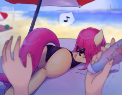 Size: 1168x915 | Tagged: safe, artist:xp_r6, oc, oc only, species:human, species:pony, beach, black swimsuit, butt, clothing, eyes on the prize, female, hand, mare, offscreen character, one-piece swimsuit, open-back swimsuit, pov, sand, swimsuit, umbrella, water