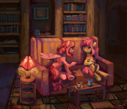 Size: 2570x2200 | Tagged: safe, artist:malinetourmaline, oc, species:pony, book, bookshelf, couch, cup, duo, female, lamp, mug, sisters, table