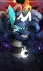 Size: 862x1406 | Tagged: safe, artist:taiga-blackfield, character:princess luna, species:pony, bust, creepy, crown, eclipse, female, four eyes, horn ring, monster, monster pony, multiple eyes, portrait, regalia, scary, sharp teeth, solar eclipse, solo, teeth