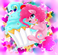 Size: 1920x1797 | Tagged: safe, artist:bl--blacklight, character:pinkie pie, species:earth pony, species:pony, cherry, cupcake, female, food, frosting, heart, mare, solo, tongue out