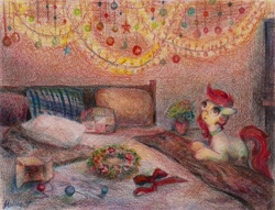 Size: 2246x1719 | Tagged: safe, artist:malinetourmaline, character:roseluck, species:earth pony, species:pony, bed, christmas ornament, collar, decoration, female, flower, garland, mare, pet tag, pillow, pony pet, room, rosepet, traditional art, vase