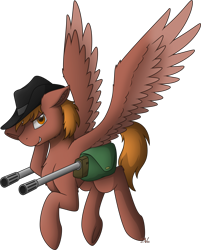 Size: 4000x4980 | Tagged: safe, artist:starlessnight22, oc, oc:calamity, species:pegasus, species:pony, fallout equestria, battle saddle, chest fluff, clothing, cowboy hat, dashite, digital art, ear fluff, fanfic, fanfic art, flying, gun, hat, hooves, looking at you, male, rifle, simple background, smiling, solo, spread wings, stallion, transparent background, vector, weapon, wings