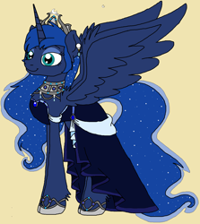 Size: 1448x1620 | Tagged: safe, artist:rosefang16, character:princess luna, species:alicorn, species:pony, alternate hairstyle, choker, clothing, crown, dress, ear fluff, ear piercing, earring, female, fluffy, hoof shoes, jewelry, mare, piercing, regalia, simple background, solo, yellow background