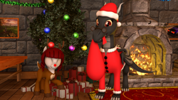 Size: 1920x1080 | Tagged: safe, artist:dracagon, oc, oc only, oc:seranae, species:dragon, species:earth pony, species:pony, 3d, animal costume, christmas, christmas tree, costume, female, fireplace, holiday, mare, present, reindeer costume, tree