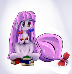 Size: 2000x2047 | Tagged: safe, artist:mistleinn, species:pony, book, female, long hair, mare, patchouli knowledge, purple eyes, purple hair, simple background, sitting, solo, touhou