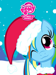 Size: 745x1000 | Tagged: safe, artist:chronicle23, artist:leadhooves, character:rainbow dash, species:pegasus, species:pony, :3, christmas, christmas ponies, clothing, female, french, hat, holiday, my little pony logo, one eye closed, santa hat, snow, solo, stolen art, wink