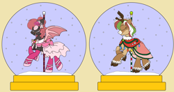 Size: 3728x1968 | Tagged: safe, artist:rosefang16, oc, oc only, oc:dark raspberries, oc:olive (reindeer), species:bat pony, species:deer, species:pony, species:reindeer, antlers, bat pony oc, bridle, carousel, chest fluff, christmas, christmas lights, clothing, coat, commission, dress, eyes closed, eyeshadow, female, flower, flower in hair, holiday, hoof shoes, makeup, mare, pole, raised hoof, simple background, snow, snow globe, socks, stockings, tack, thigh highs, unshorn fetlocks, ych result, yellow background