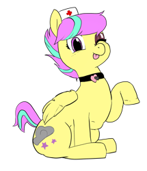 Size: 2200x2560 | Tagged: safe, artist:tacodeltaco, derpibooru original, oc, oc:star shower, species:pegasus, species:pony, 2019 community collab, derpibooru community collaboration, choker, chubby, clothing, cutie mark, eyeshadow, fat, folded wings, hat, looking at you, makeup, nurse hat, one eye closed, raised hoof, short tail, simple background, sitting, solo, tongue out, transparent background, wings, wink
