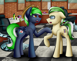 Size: 5000x4000 | Tagged: safe, artist:supermoix, oc, oc:enigma, oc:moonlit ace, species:earth pony, species:pegasus, species:pony, argument, barbershop, clothing, duo, glasses, hat, looking at each other, male, similarities, stallion, talking