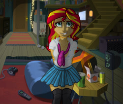 Size: 1245x1053 | Tagged: safe, artist:fuzzyfurvert, edit, character:sunset shimmer, my little pony:equestria girls, chinese food, clothing, controller, explicit source, fanfic, fanfic art, fanfic cover, female, futon, kneesocks, lava lamp, lip bite, remote control, school uniform, schoolgirl, socks, solo, speakers, string lights, sunset's apartment