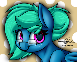 Size: 5000x4000 | Tagged: safe, artist:supermoix, oc, oc:moxie, species:pegasus, species:pony, abstract background, cute, female, glasses, mare, short hair, signature, simple background, solo
