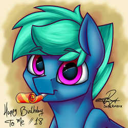 Size: 4000x4000 | Tagged: safe, artist:supermoix, oc, oc only, oc:supermoix, species:pony, birthday, bust, male, party horn, simple background, solo, stallion