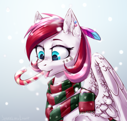 Size: 2108x2000 | Tagged: safe, artist:sparkling_light, oc, oc only, oc:rouge swirl, species:pegasus, species:pony, candy, candy cane, christmas, clothing, drool, ear piercing, eyes on the prize, feather, female, food, holiday, mare, piercing, scarf, solo, tongue out, ych result