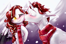 Size: 3000x2000 | Tagged: safe, artist:sparkling_light, oc, oc only, species:pegasus, species:pony, species:unicorn, blushing, chest fluff, clothing, eyes closed, face licking, female, floppy ears, licking, male, mare, one eye closed, scarf, snow, snowfall, stallion, straight, tongue out, ych result