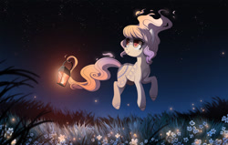 Size: 1300x828 | Tagged: safe, artist:ruhje, oc, oc:whisper, species:earth pony, species:pony, female, flower, flower field, ghost pony, head turn, lantern, looking away, looking up, mare, monster pony, night, outdoors, smiling, solo, tail hold