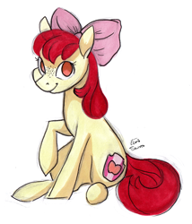 Size: 2400x2800 | Tagged: safe, artist:eeviart, character:apple bloom, species:earth pony, species:pony, adorabloom, apple bloom's bow, bow, cute, female, filly, freckles, hair bow, no pupils, simple background, sitting, solo, traditional art, white background