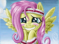 Size: 640x480 | Tagged: safe, artist:the-wizard-of-art, character:fluttershy, species:pegasus, species:pony, episode:hurricane fluttershy, g4, my little pony: friendship is magic, armband, blushing, cloud, cute, female, flying, grin, headband, mare, scene interpretation, shyabetes, sky, smiling, solo, squee, sweatband, wristband