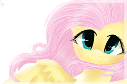 Size: 3000x2000 | Tagged: safe, artist:marisalle, character:fluttershy, species:pegasus, species:pony, bust, female, looking at you, mare, portrait, signature, simple background, smiling, smiling at you, solo, white background
