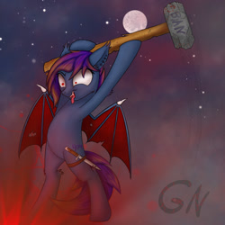 Size: 1000x1000 | Tagged: safe, artist:foxpit, oc, oc only, oc:gouransion, species:bat pony, species:pony, banhammer, bipedal, knife, military, moon, solo, tongue out