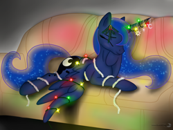 Size: 3200x2400 | Tagged: safe, artist:groovebird, character:princess luna, species:alicorn, species:pony, christmas, christmas lights, couch, cute, eyes closed, female, ribbon, smiling, solo
