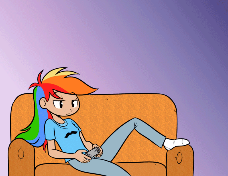 Size: 800x618 | Tagged: safe, artist:megasweet, artist:trelwin, character:pinkie pie, character:rainbow dash, species:human, animated, canter girls, comic, couch, cute, dialogue, female, humanized, speech bubble, sticker, video game