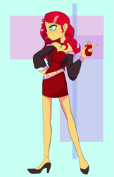 Size: 1893x2921 | Tagged: safe, artist:pettypop, character:sunset shimmer, my little pony:equestria girls, alternate costumes, bare shoulders, clothing, dress, food, french fries, high heels, jacket, shoes