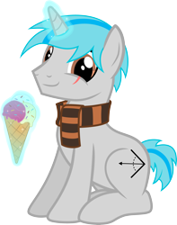 Size: 2888x3664 | Tagged: safe, artist:mlpcreativelab, oc, oc:atom front, species:pony, species:unicorn, .ai available, clothing, food, ice cream, looking at you, magic, request, scar, scarf, simple background, sitting, smiling, solo, transparent background, vector