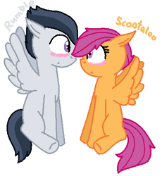 Size: 367x399 | Tagged: safe, artist:imtailsthefoxfan, character:rumble, character:scootaloo, species:pegasus, species:pony, ship:rumbloo, blushing, female, male, shipping, straight, wingboner