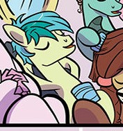 Size: 177x189 | Tagged: safe, artist:kate sherron, character:sandbar, character:silverstream, character:yona, character:zephyr breeze, species:classical hippogriff, species:earth pony, species:hippogriff, species:pony, species:yak, spoiler:comic, spoiler:comic74, cropped, eyes closed, female, hooves behind head, male, offscreen character, relaxing, smiling